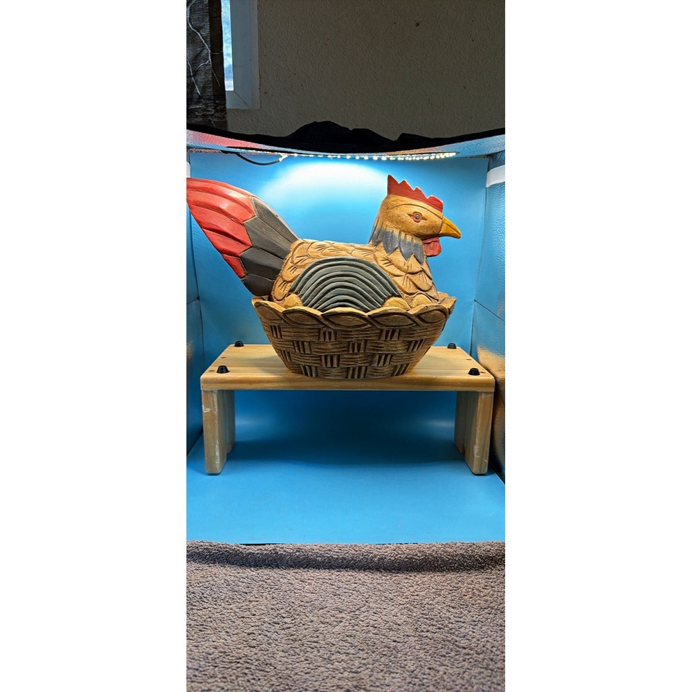 Vintage Wood Carved Chicken Basket with Removable Lid Ben on a nest 1970's